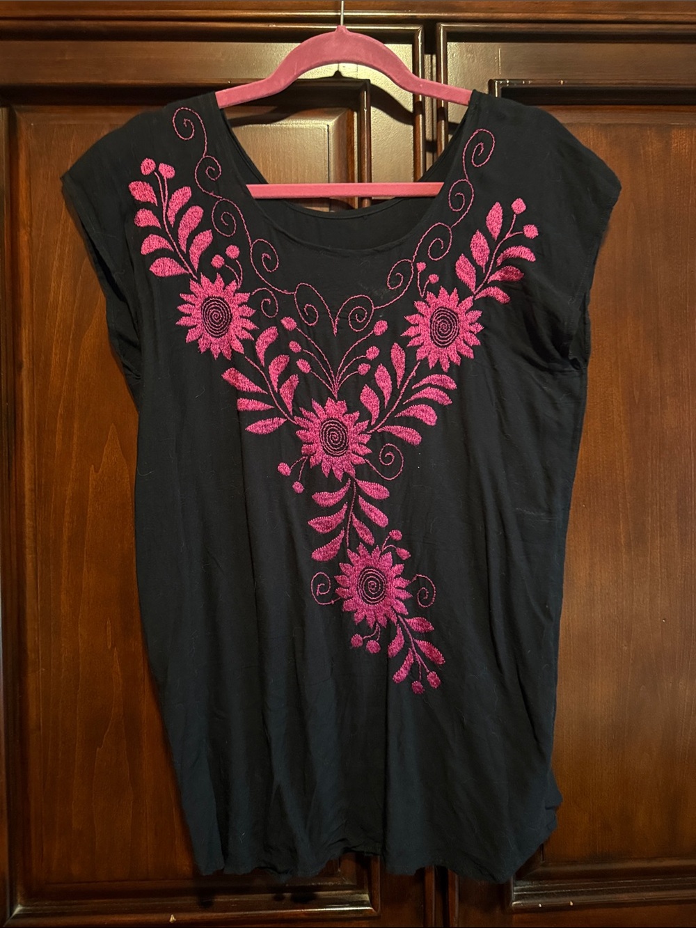 Black Women's Embroidered Floral Top with Pink Accents Mexican  style  handmade